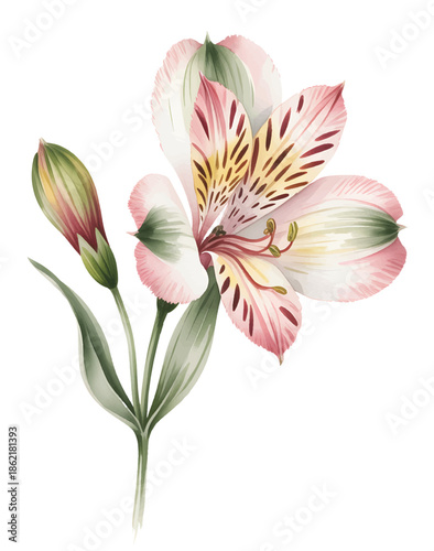
Delicate Peruvian lily blossoms in natural hand painted watercolor style.