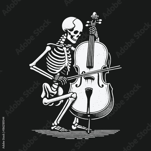 Macabre vector art of a skeleton cellist performing music.