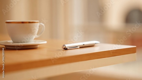 Warm Minimal Workspace Scene with Coffee Cup and Pen on Wooden Desk