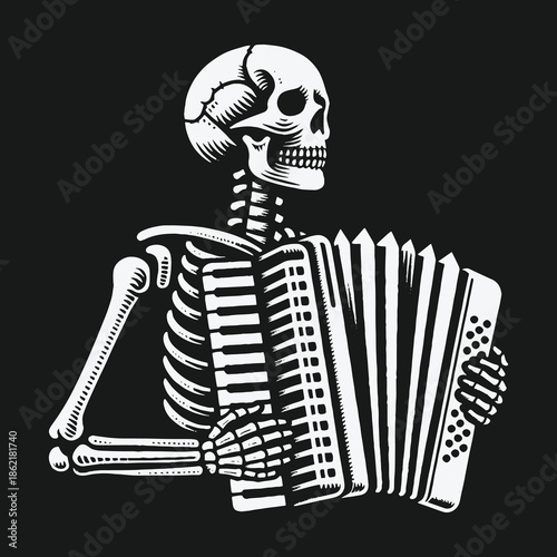 Monochrome vector illustration of a skeleton playing an accordion.