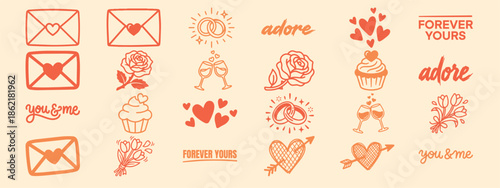 Hand drawn line art valentines icon sheet showing sealed envelope, heart cupcake, rose sketch, adore text, stamps on beige background