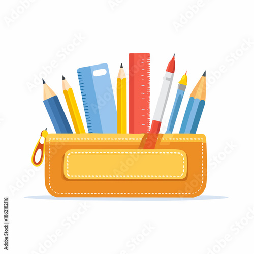 Vibrant illustration of a neatly organized pencil case filled with essential school and office stationery, including colorful pencils, pens, and rulers, perfect for learning and creative tasks