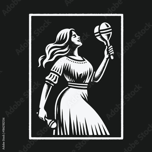 Monochrome graphic illustration of a woman dancing with maracas.