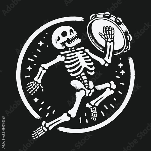 Joyful dancing skeleton playing a tambourine illustration.