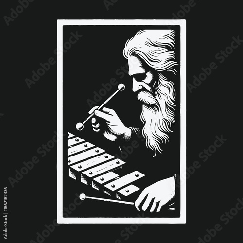 Elderly wise man with a long beard playing the xylophone in a monochrome illustration.