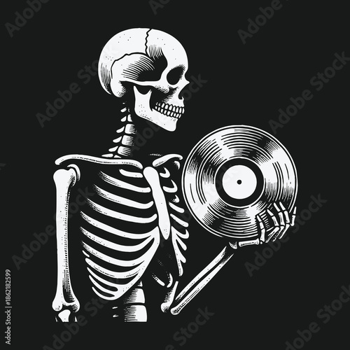 Monochrome illustration of a human skeleton holding a vinyl record.
