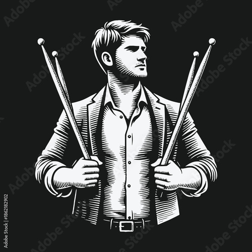 Stylish young drummer with drumsticks in a retro woodcut illustration.