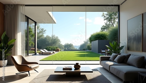 A modern living room interior with lawn view