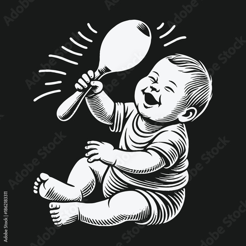 Vintage black and white illustration of a happy laughing baby playing with a maraca rattle.