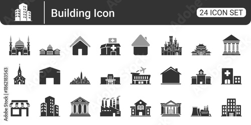24 Building and Architecture Icon Set Minimalist Vector Symbols of Residential, Commercial, and Public Infrastructure