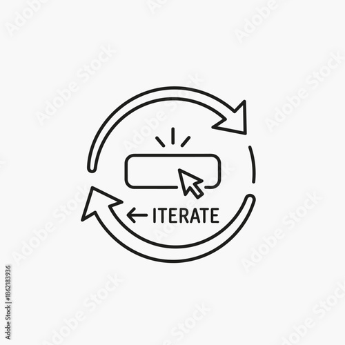 A circular arrow icon with a button labeled 'ITERATE' and a cursor clicking on it, symbolizing a continuous process.