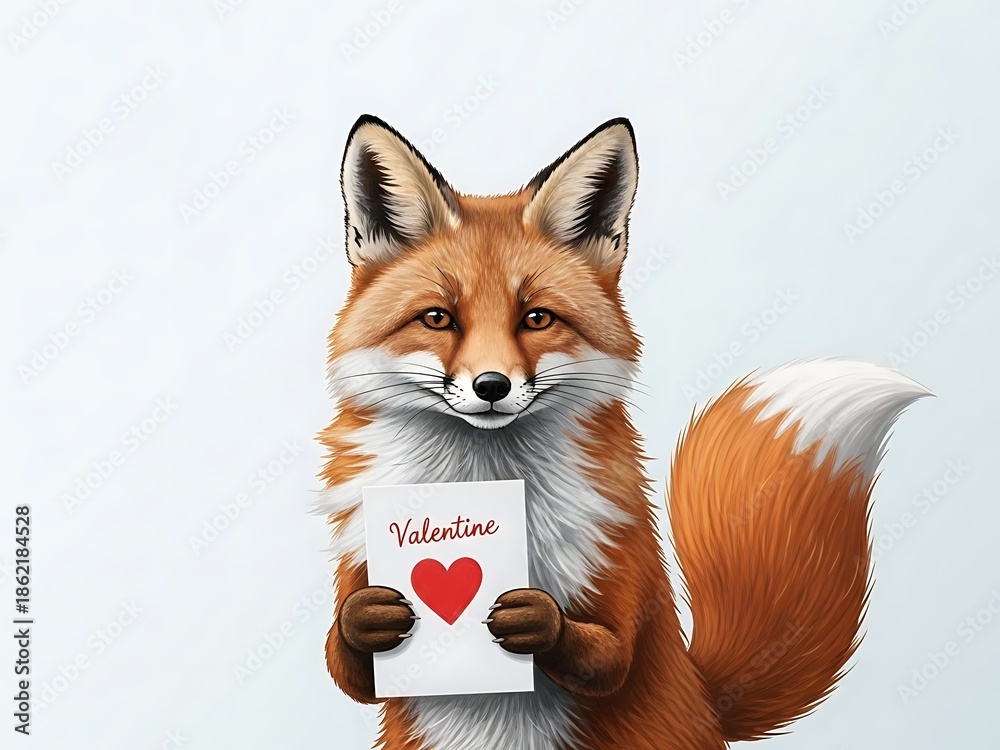 Obraz premium Cute fox holding valentine's day card with heart symbol