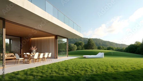 A modern living room exterier view from grassy lawn
