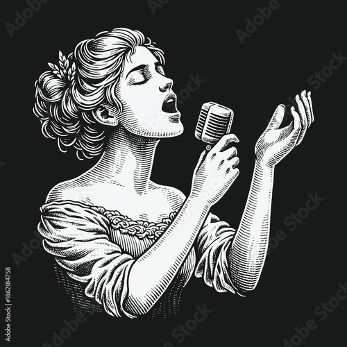Vintage engraving style illustration of a woman singing into a retro microphone.