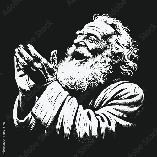 High contrast graphic illustration of a devout elderly man praying.