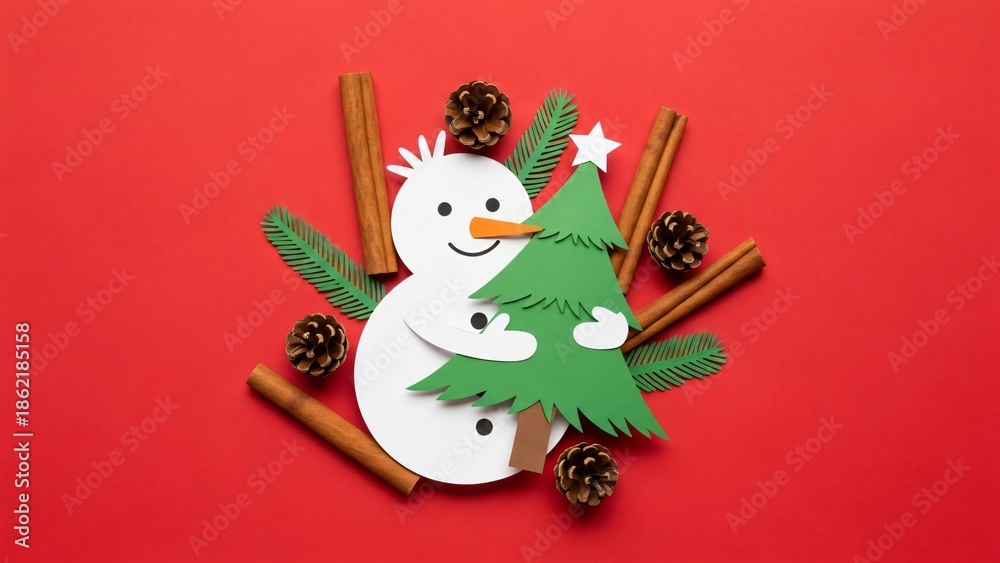 Obraz premium Snowman holding Christmas tree with cinnamon sticks and pine cones forming a square border on red background, for winter holiday greeting card