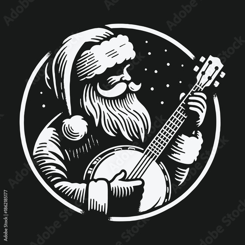 Monochrome illustration of Santa Claus playing a banjo on a snowy Christmas Eve.