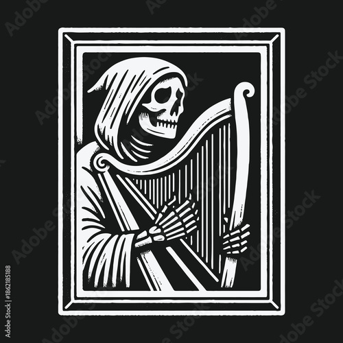 Grim Reaper skeleton playing a classical harp instrument in a frame.