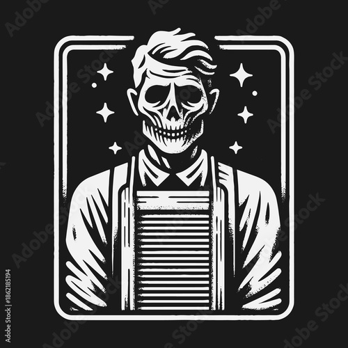 Monochrome graphic illustration of a dapper skeleton barber.