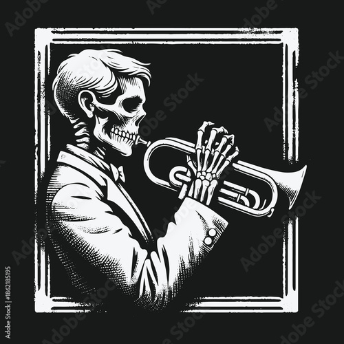 Monochrome vintage illustration of a skeleton playing a trumpet.