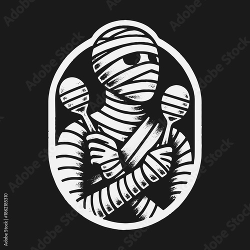 Funny Halloween mummy character playing maracas vector illustration.