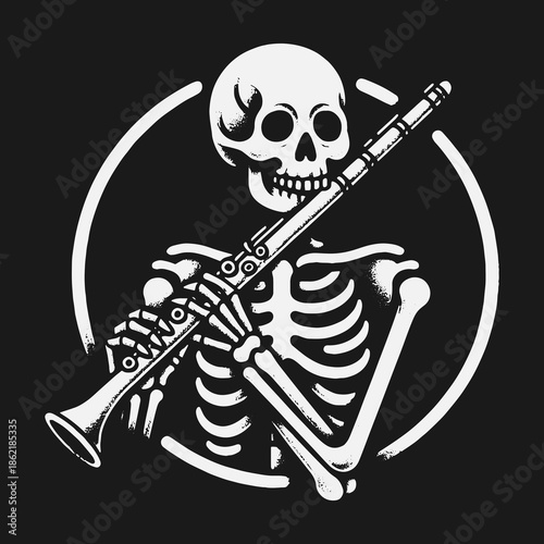 Monochrome illustration of a skeleton playing the clarinet inside a circle.