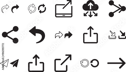Share icon set with outline and filled styles, multiple arrow directions, repost, send vector icons.