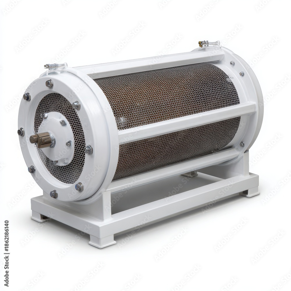 Fototapeta premium Industrial rotary drum for processing or sorting materials with a white casing and metal components