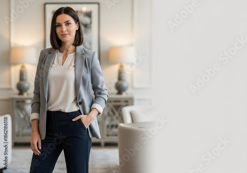 Free Download Confident professional woman standing in modern interior, smart casual business outfit, leadership presence, career success, elegance and self assurance in contemporary workspace - GFXLoad