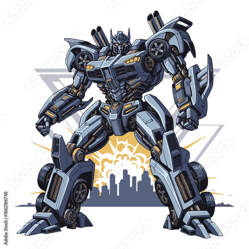 Sleek gray and red transformer robot with articulated limbs, glowing visor, and vehicle wheel accents, perfect for tech posters, game UI, and sci-fi book covers.
