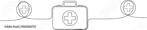 Continuous single line drawing of a first aid kit box. One line medical bag vector illustration in clean professional style. Pro vector design