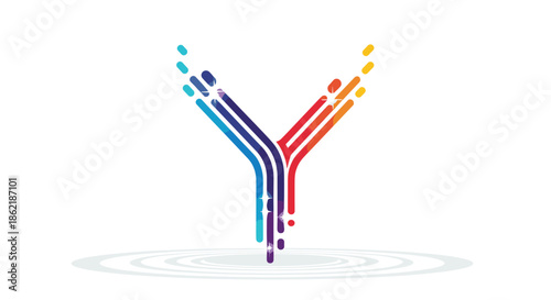 Colorful stylized letter Y formed by dynamic parallel lines in blue, purple, red, and orange with small star sparkles and reflections.