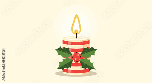 Festive Christmas candle with red and white stripes and a warm glowing flame decorated with green holly leaves and red berries.