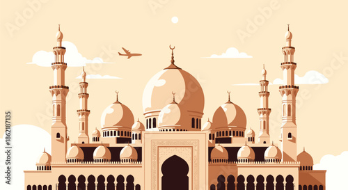 Large majestic mosque with multiple domes and minarets depicted in warm sepia tones with a plane flying across the pale sky.