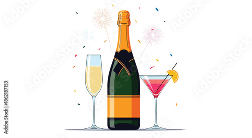 Celebration scene featuring a bottle of champagne next to a full glass and a colorful cocktail with an orange slice and fireworks.