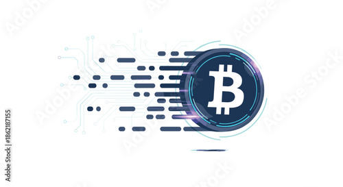 Glowing Bitcoin cryptocurrency coin with digital circuit lines and motion streaks indicating high speed transactions and tech.
