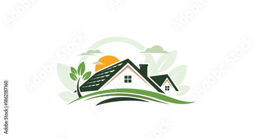 Environmentally friendly house logo featuring green roofs and a tree with a rising sun and clouds in the background for real estate.