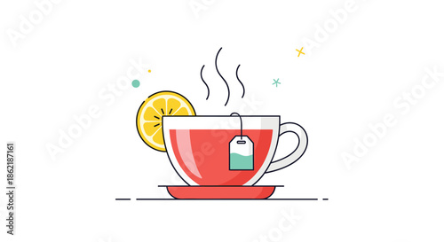 Hot cup of tea in a glass mug with a tea bag and a slice of lemon on a red saucer with steam rising from the surface.