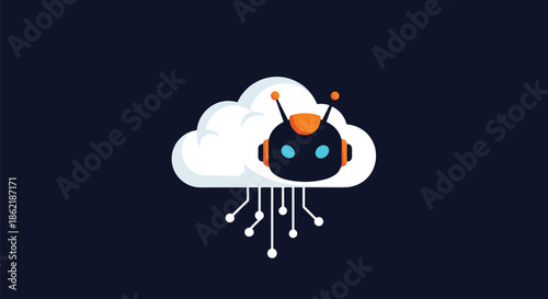 White fluffy cloud with a dark robot head and descending circuit lines on a deep blue background symbolizing cloud computing AI.