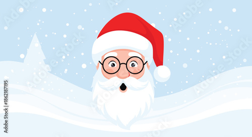 Close-up of a surprised Santa Claus face with big eyes and an open mouth wearing his red hat and glasses in a snowy scene.