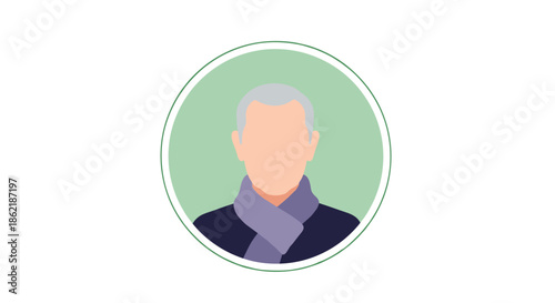 Simple avatar of an elderly man with grey hair wearing a purple scarf and a dark coat on a light green circular background.