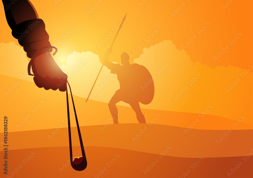 Ταπετσαρία Illustration of the biblical story of David and Goliath, showing a young warrior facing a giant enemy