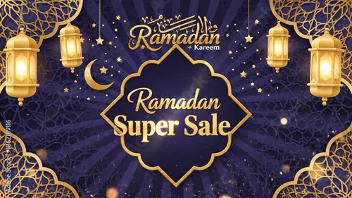 A luxurious and festive animation unfolds with shimmering golden lanterns, sparkling stars, and a prominent crescent moon, all set against a rich deep blue background adorned with elegant ornate patte