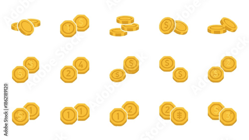 Collection of Golden Coins Stacked and Scattered.
