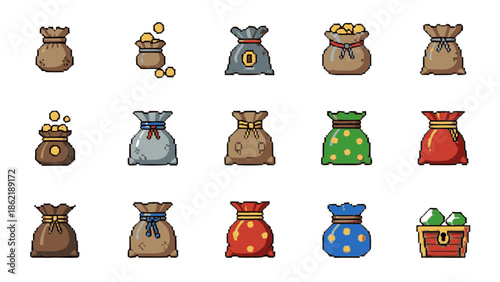 Collection of Pixel Art Bags and Treasure Chest Filled with Gold Coins and Gems.