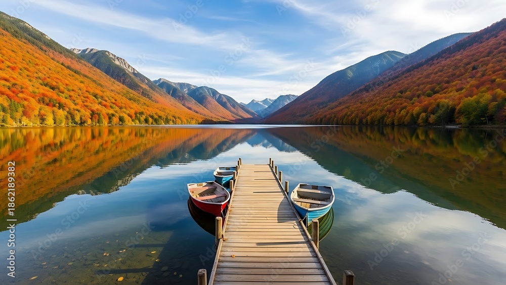 Obraz premium A serene lake scene with a wooden dock and boats surrounded by mountains and autumn foliage