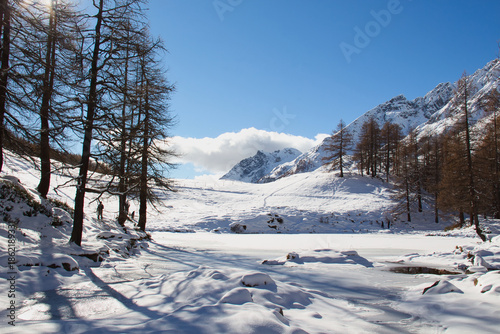 The Italian Alps in winter.Blue Lake, Aosta Valley,Italy.The Matterhorn.