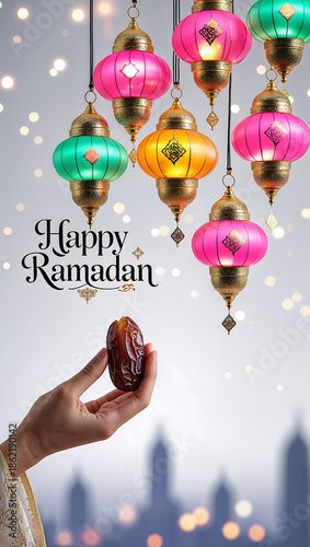 Happy ramadan lanterns and dates in a festive setting