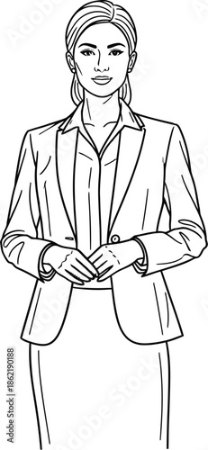 Professional female business person or executive standing composedly with hands clasped together in front wearing a formal suit jacket and skirt
