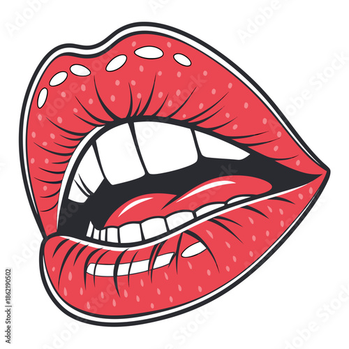 A bold, cartoon-style illustration of glossy red lips with white teeth gently biting the lower lip, evoking a playful and sensual pop art vibe.